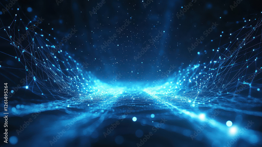 Poster abstract blue digital technology background with glowing connections and grid lines on a dark space