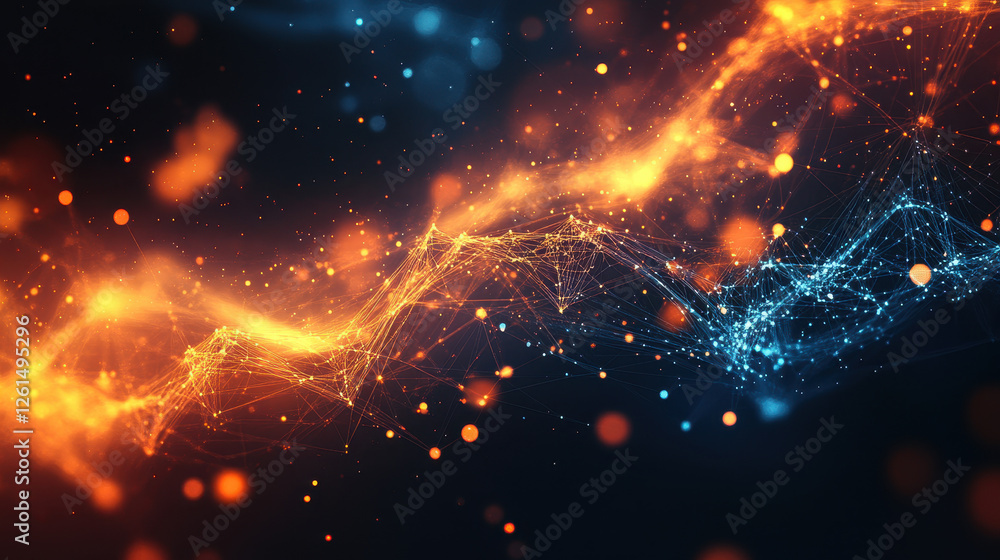 Poster abstract digital background with glowing connections and network dots in shades of dark orange and b