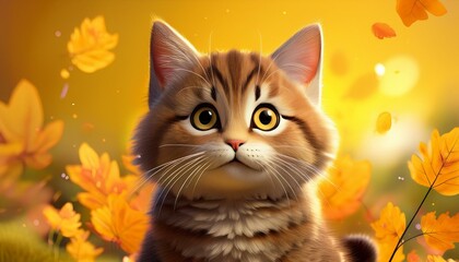 Niedliches kleines Kätzchen, gelber Hintergrund