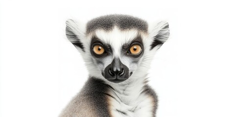 Unique portrait of a ring-tailed lemur with striking features and expressive eyes against a plain background