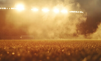 Atmospheric stadium scene, illuminated by brilliant spotlights under a dusky sky, revealing a blurred goalpost and a sea of golden grass