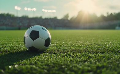 Fototapeta premium Awaiting the kickoff, A classic soccer ball rests on the verdant pitch, bathed in the golden light of anticipation before a thrilling match