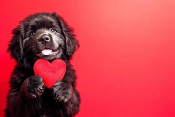 Cute newfoundland doggy with critter animal toy red heart - sign of love, funny greeting card. Newfoundland - my preferred dog. Ad graphic. Love and care. Valentine's day cute pets. Puppy lov.