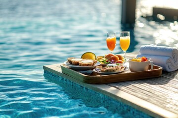 Luxurious poolside breakfast platter, tropical resort