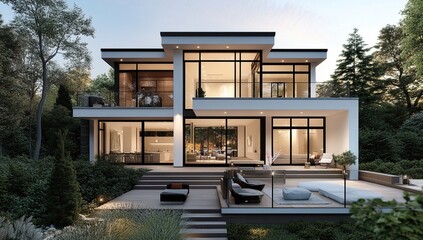 Fototapeta premium Modern House Design: Two-Story Home with Open Floor Plan and Spacious Deck, Nestled in Lush Greenery