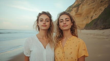 Two young women stand on a beach, facing the camera. Ideal for themes of friendship, sisterhood, or summer.