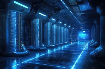 Futuristic server room corridor with glowing blue accents