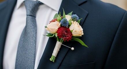 Groom's Boutonniere Peach Roses Burgundy Chrysanthemum Navy Suit Wedding Detail