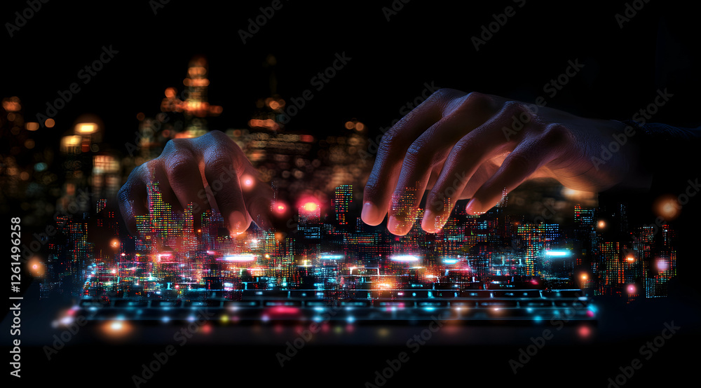 Poster code weaver, a symphony of digital light and cityscape, unveiling the interconnected world through t