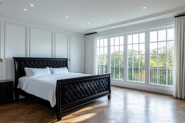 Luxurious master bedroom with large windows overlooking a garden
