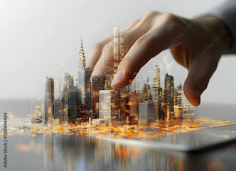 Poster conceptual architectural future, hand hovering over illuminated cityscape emerging from digital devi