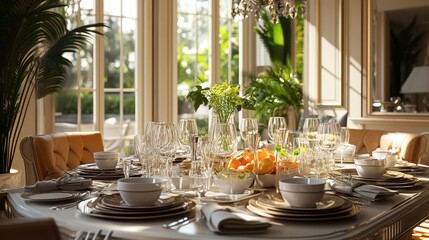 Elegant dining table setting with sunlight streaming through windows, showcasing fine china and glassware. Perfect for articles about luxury lifestyle, fine dining, or home decor.