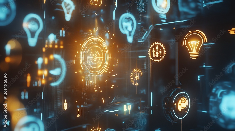Aufkleber futuristic interface displaying glowing icons representing concepts like ideas, users and technology