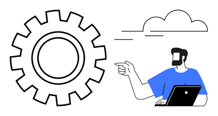Man pointing towards a large gear symbol next to cloud and laptop. Ideal for illustrating technology, cloud computing, teamwork, problem solving, efficiency, innovation, and workflow. Abstract line