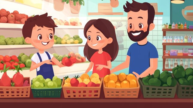 Children learn about fresh produce while shopping at the local market alongside a friendly adult