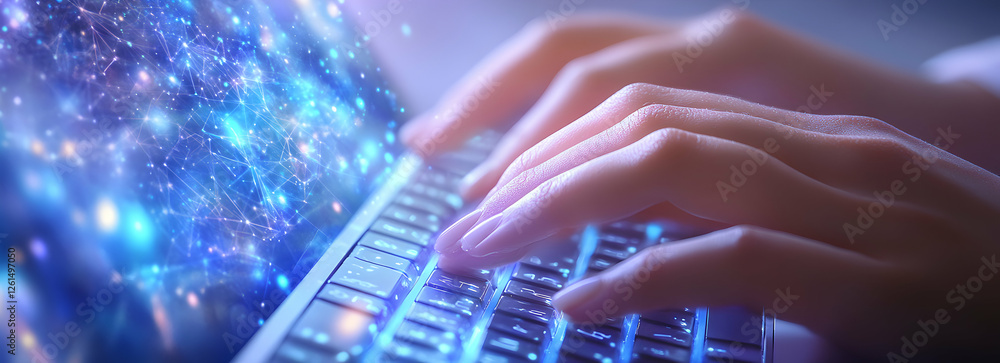 Poster cybernetic symphony, hands orchestrating digital connections on a luminous keyboard, forging pathway