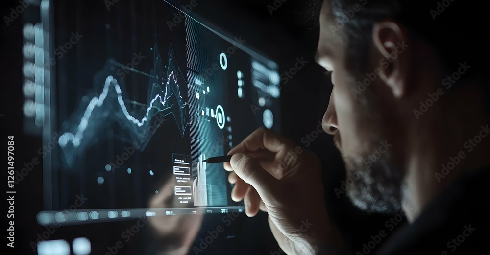 Poster data analyst examining complex financial charts on a modern touchscreen, illuminated in a darkened r
