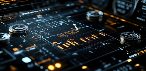 Cryptocurrency market analysis displayed on digital interface with futuristic aesthetic, emphasizing trends, data visualizations, and financial technology
