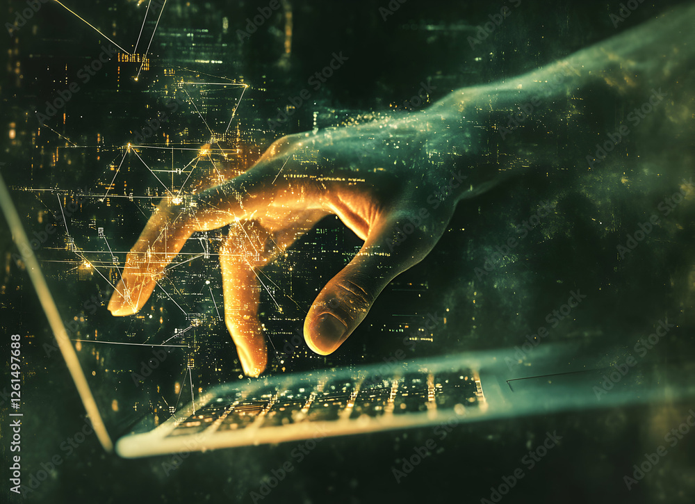 Aufkleber digital domination, hand navigating the cyber world on a laptop with intricate network overlay and f