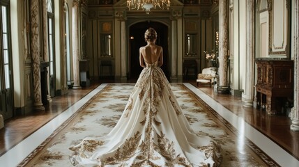 Elegant Bride in a Golden Gown in a Grand Hall