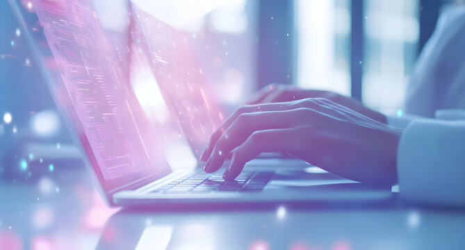 Digital fluency, Person coding on a laptop with abstract light effects, symbolizing technological proficiency and forward thinking innovation in computing
