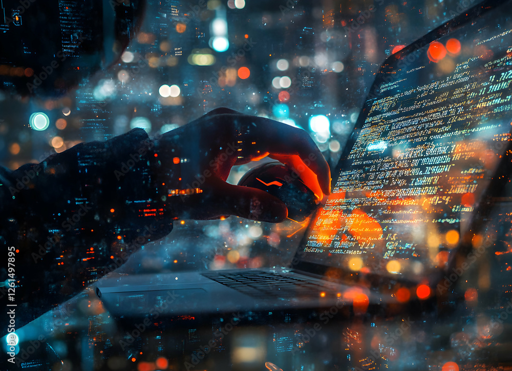 Poster digital intrusion, a hacker's stealthy conquest of cyberspace, navigating lines of code against an u