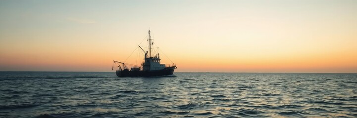 Fototapeta premium Fishing trawler sailing in calm blue sea at dawn, orange sky, nature, maritime, nautical