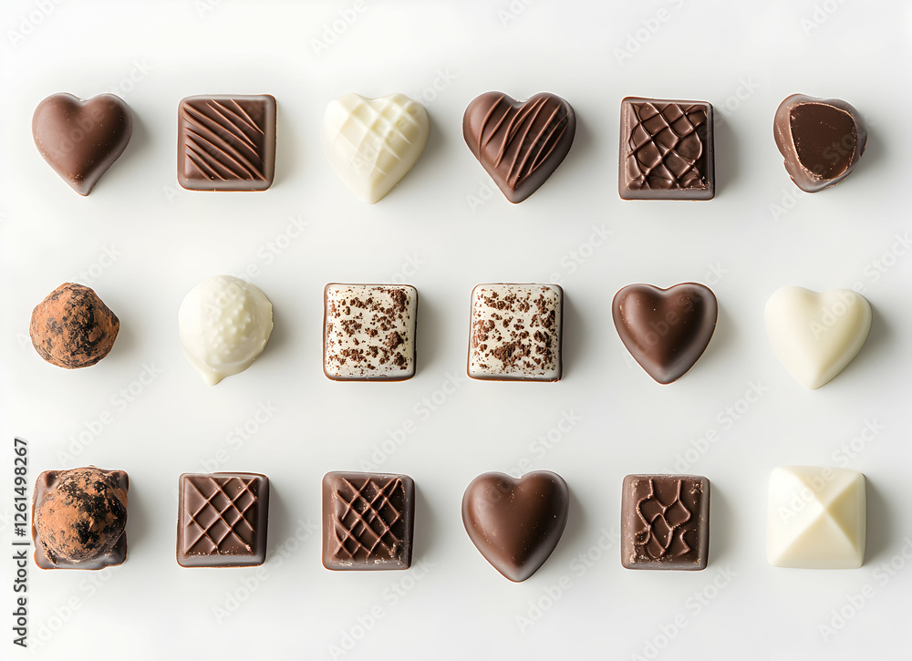Poster elegant array of artisanal chocolates in varying shapes, textures, and flavors, presented on a prist