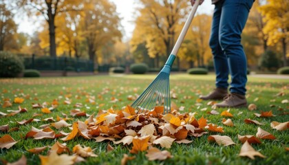 Autumnal Leaf Raking in a Park Setting