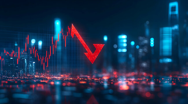Economic downturn illustrated with a downward trend chart over a blurred cityscape, symbolizing financial crisis and market volatility in modern times