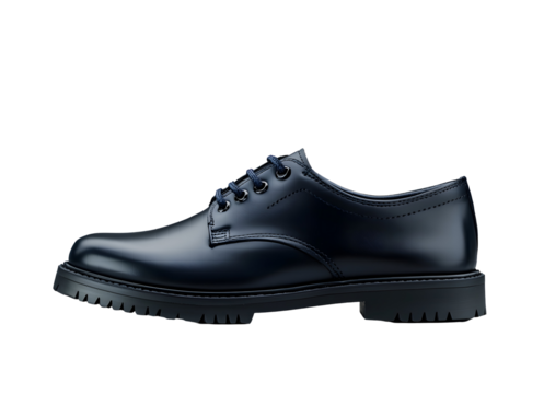 Elegant navy blue leather oxford shoe with thick lug sole, showcasing modern style and rugged durability against a clean black background
