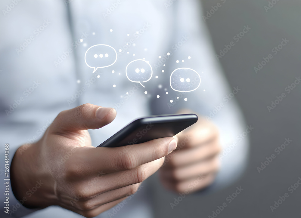 Poster engaged in digital discourse, a person interacts with a mobile phone displaying conversational bubbl
