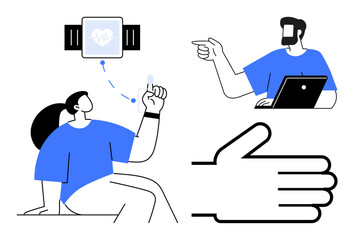 Person checking smartwatch health data, individual using laptop while gesturing, large hand icon. Ideal for health monitoring, wearable tech trends, fitness tracking, digital communication, tech