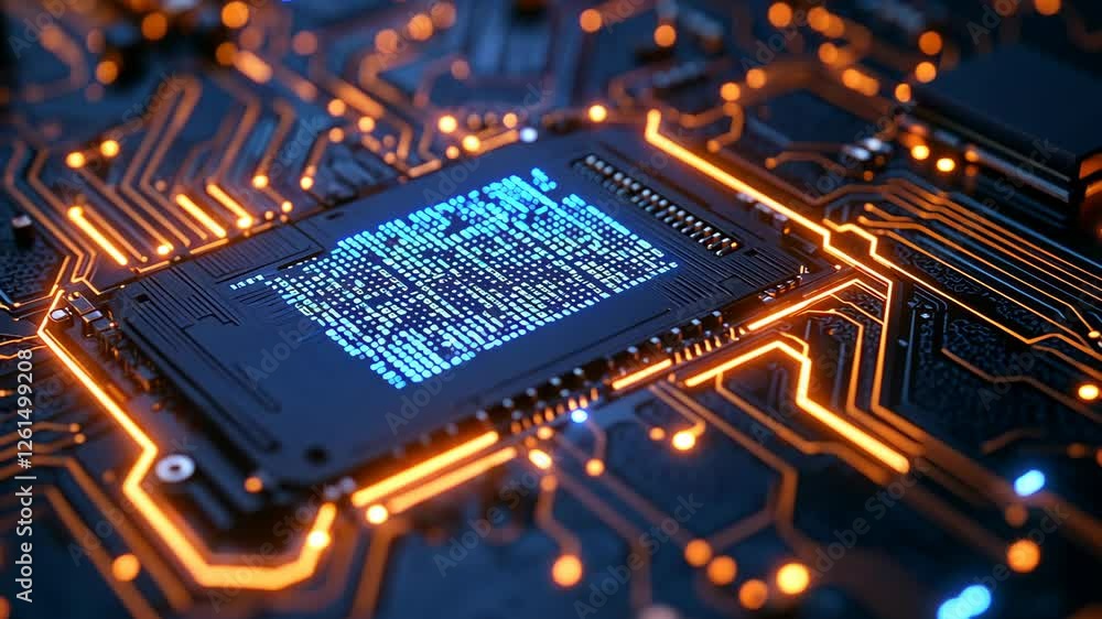 Poster close-up view of a microchip on a circuit board with glowing connections and intricate details