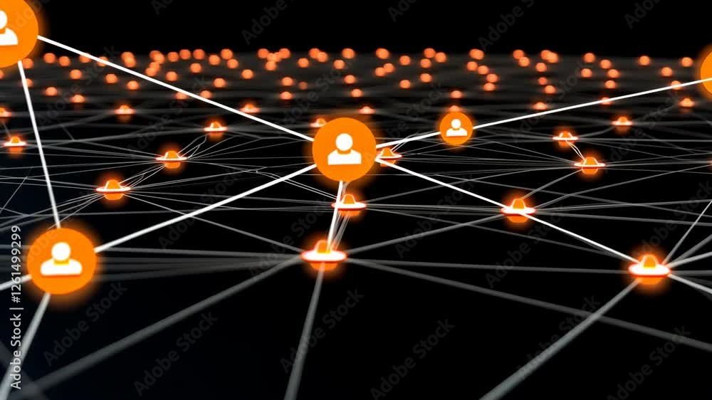 Poster network connections display connecting multiple individuals with glowing icons in a dark environment