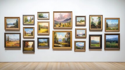 Fototapeta premium Art display showcasing a variety of landscape paintings in a bright gallery setting