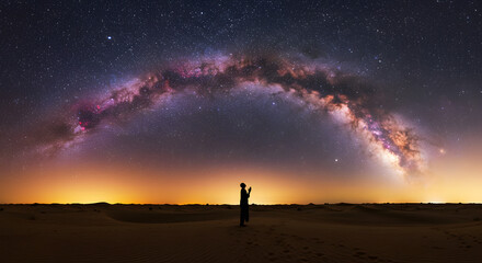 Majestic milky way galaxy arch over desert landscape at night with person silhouetted stargazing peaceful serene starry on transparent background sky