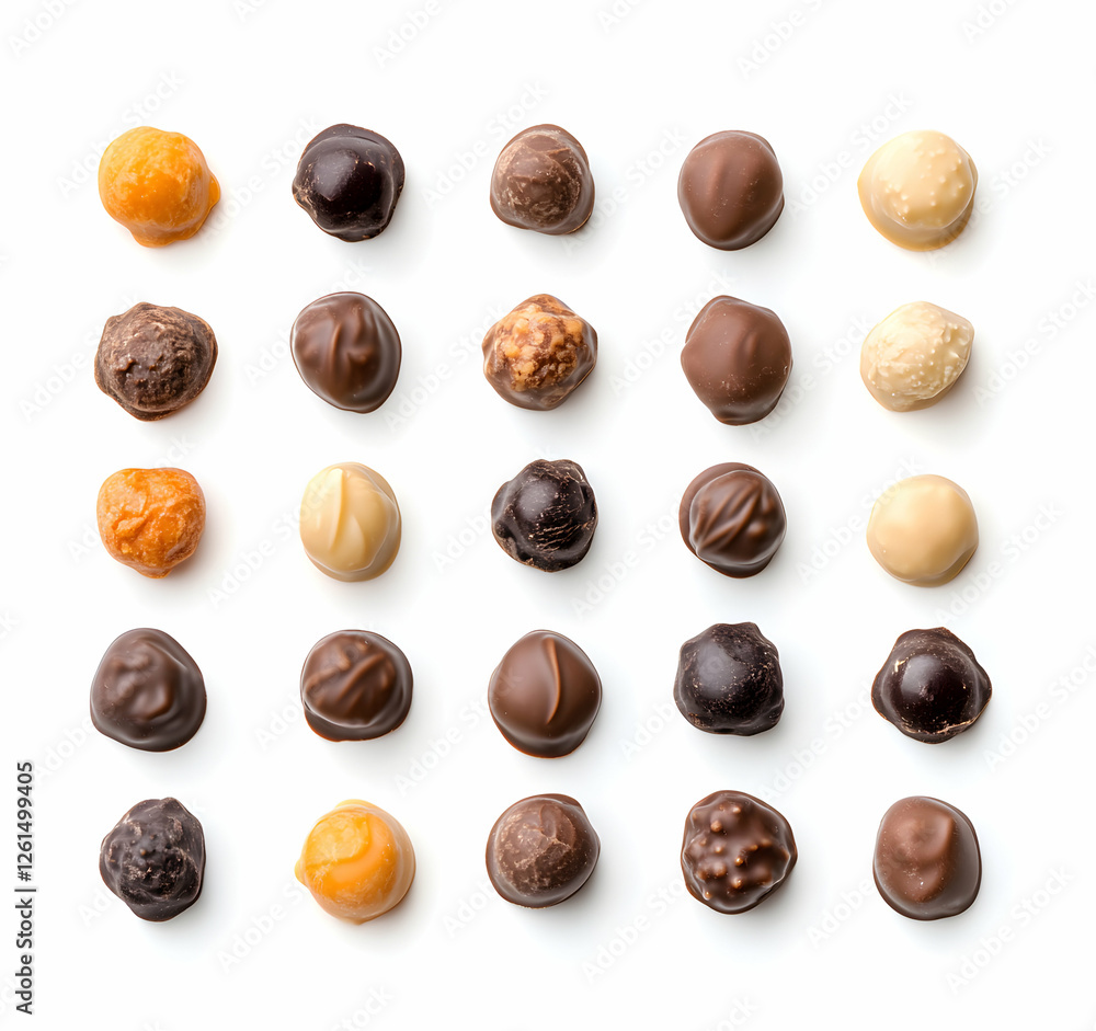 Aufkleber exquisite array of assorted chocolates, arranged with precision on a pristine white background, show