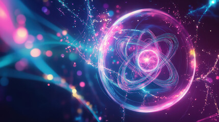 Fototapeta premium Abstract, neon-glowing, futuristic background with an atomic model