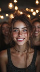Fototapeta premium Young woman smiling brightly in a cozy setting with blurred friends and warm lights in background