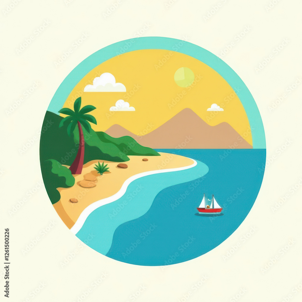 Poster a calm beach setting features gentle waves lapping against the shore. a small sailboat glides in the