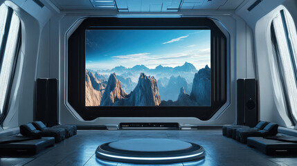Fototapeta premium Futuristic space station interior with mountainous landscape display in modern sci-fi lounge setting