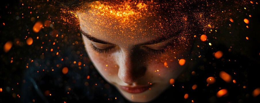 Girl immersed in glowing particles, a portrait of serenity and inner radiance, freckled skin bathed in soft warm light against a dark backdrop