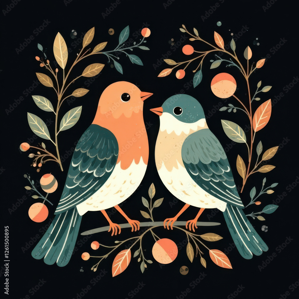 Poster two charming songbirds sit closely on a branch surrounded by intricate floral elements and berries. 