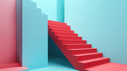 Fototapeta premium Abstract Red Staircase in a Minimalist Blue and Pink Room: A Modern Art Composition