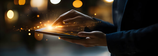 Illuminating innovation, A business professional navigates the digital frontier with a modern tablet for insightful analysis and visionary progress