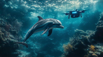 Fototapeta premium A dolphin gracefully swims near a vibrant coral reef, closely followed by an underwater drone capturing stunning footage. Sunlight penetrates the water, illuminating the scene