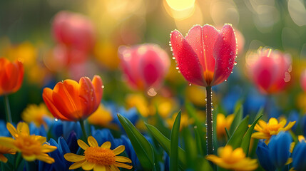 Spring field of flowers, field of pink tulips