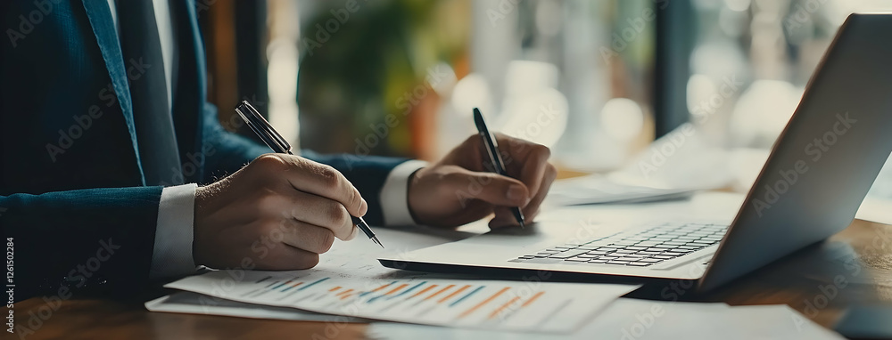Poster analyzing business data, a focused shot of hands reviewing charts and using a laptop to make informe