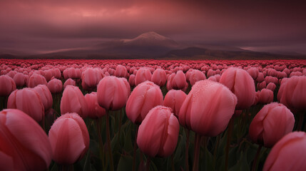 Spring field of flowers, field of pink tulips
